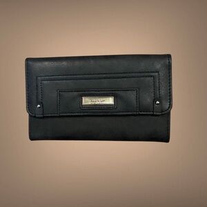 Women's Nicole Miller Black Leather Wallet, Silver Hardware